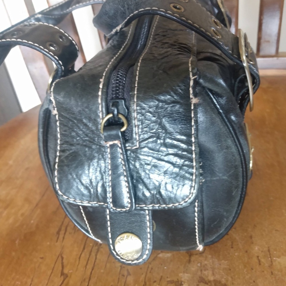 SOHO Franco Sarto VTG Edgy Black Leather Buckle Barrel Bag Y2K Streetwear Biker - Picture 3 of 10